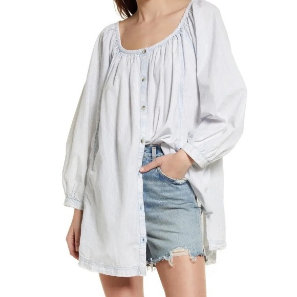 We The Free Tops - We The Free Light Blue Striped Button-Down Peasant Shirt